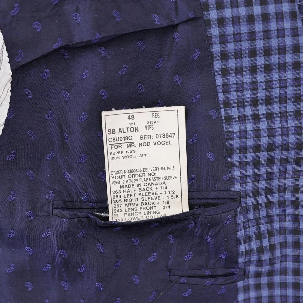 Samuelsohn Sport Coat Mens 48R Super 120s Wool Gingham Plaid Blue Blazer Jacket